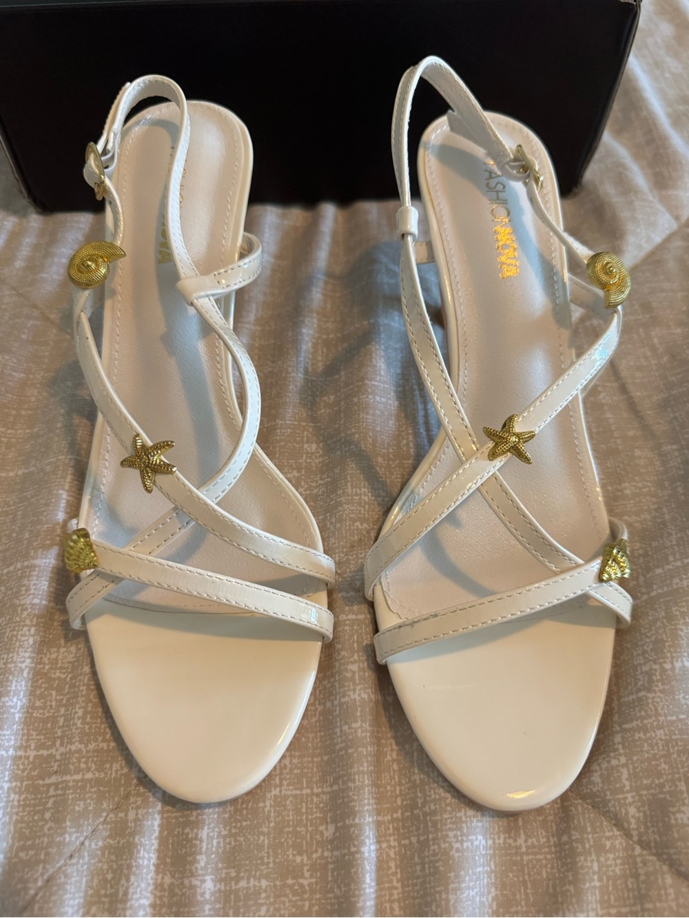 Fashion Nova White Strappy Slingback Sandals with Gold Sea Charms